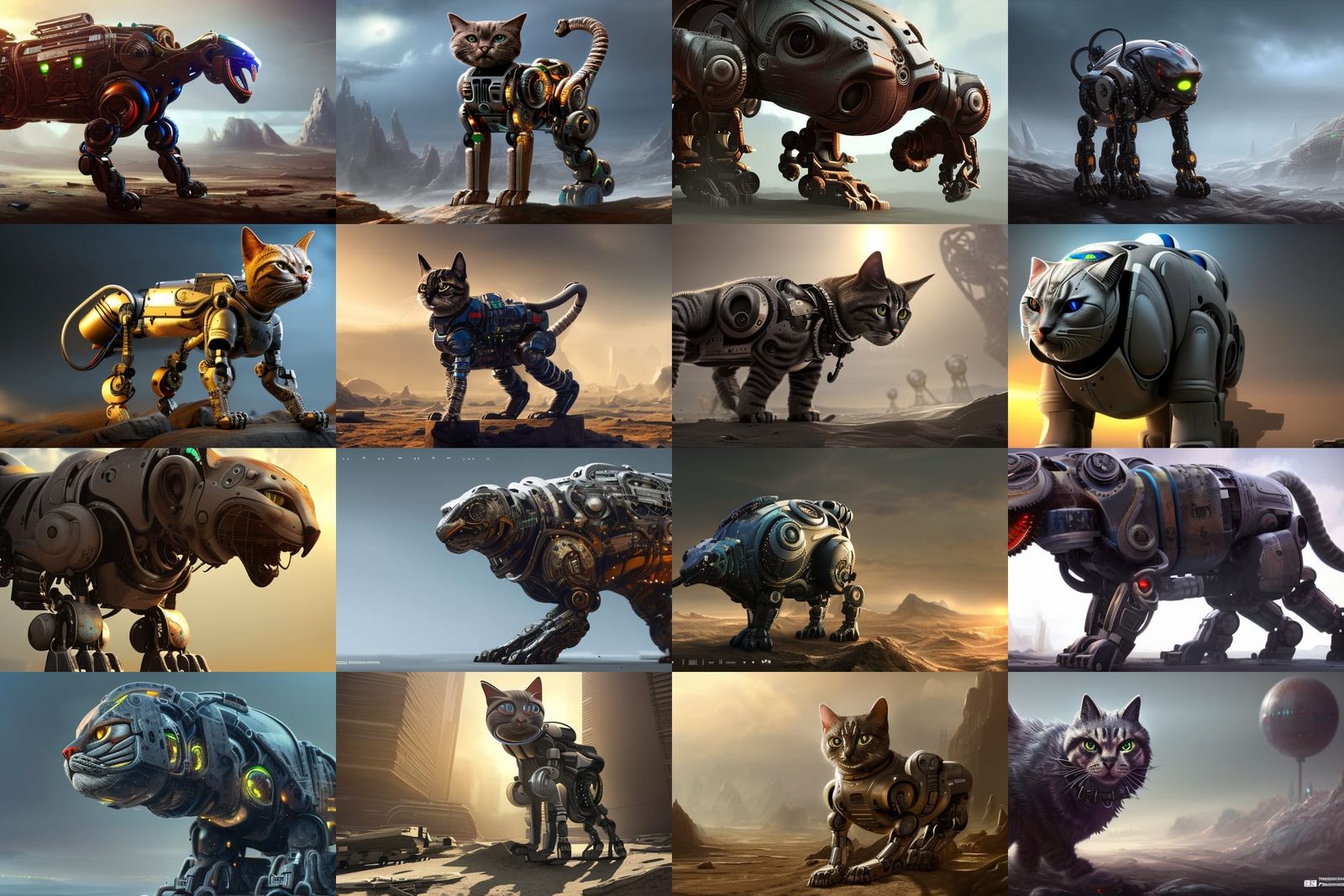 Mechanical Cat Roaming Apocalyptic Landscape in Sci-Fi Art