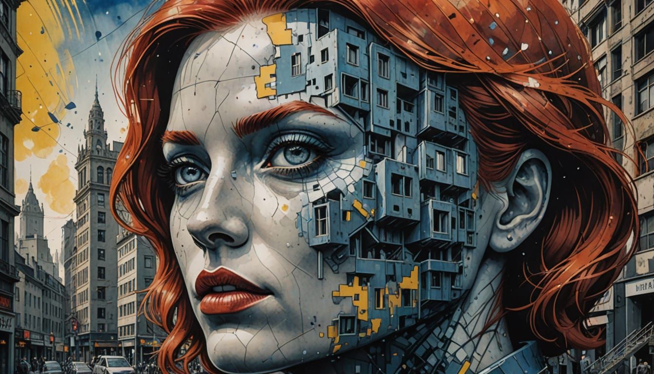 Blueprint Vista with Woman, Watercolour and X-Ray Effects