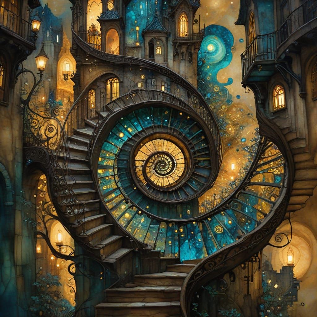 Surreal Medieval City Stairway in Hyperdetailed Ink Drawing ...