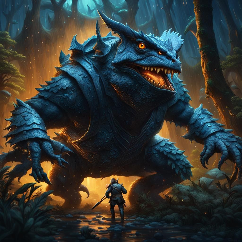 Giant Horned Frog vs Knight in Bioluminescent Forest