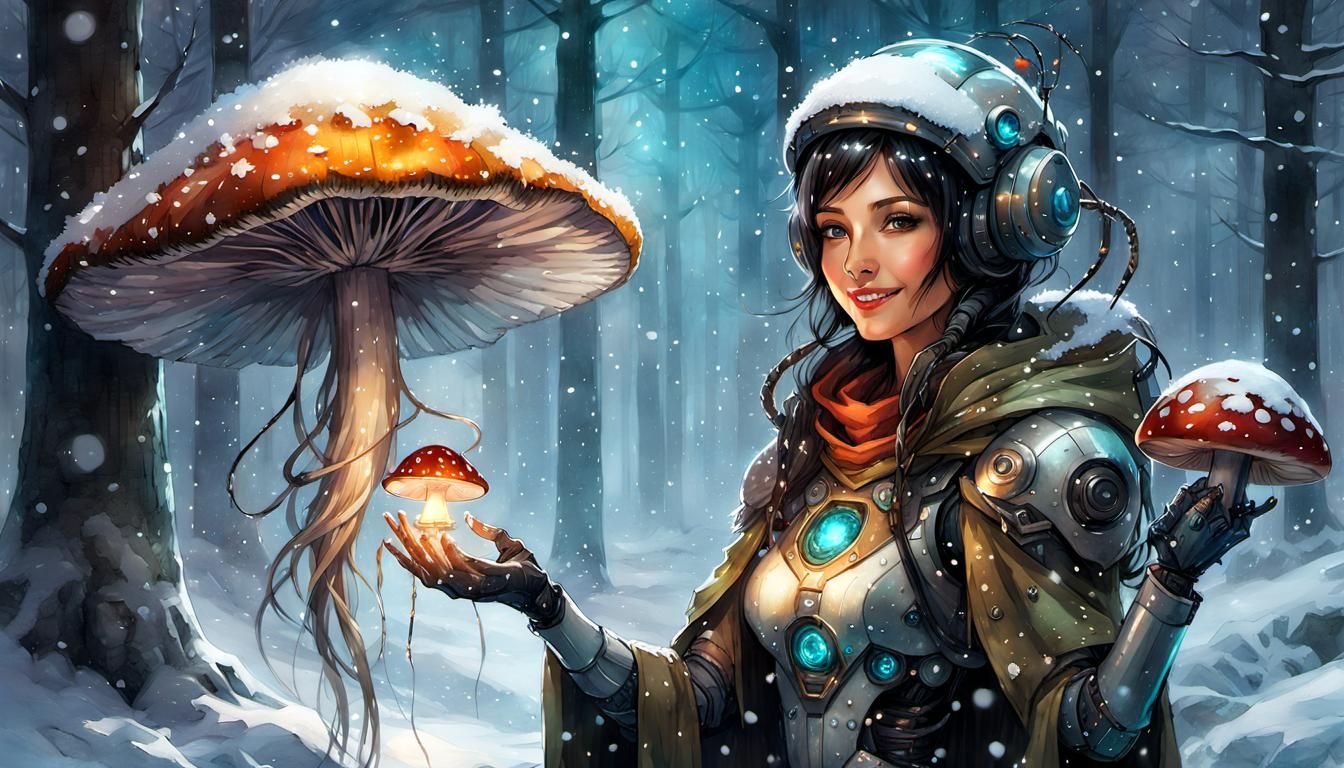 Cyborg and Mushroom Friend in Enchanted Forest