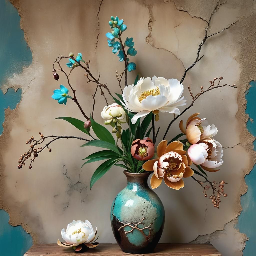 Bluegreen Peonies and Orchids in Ikebana Style