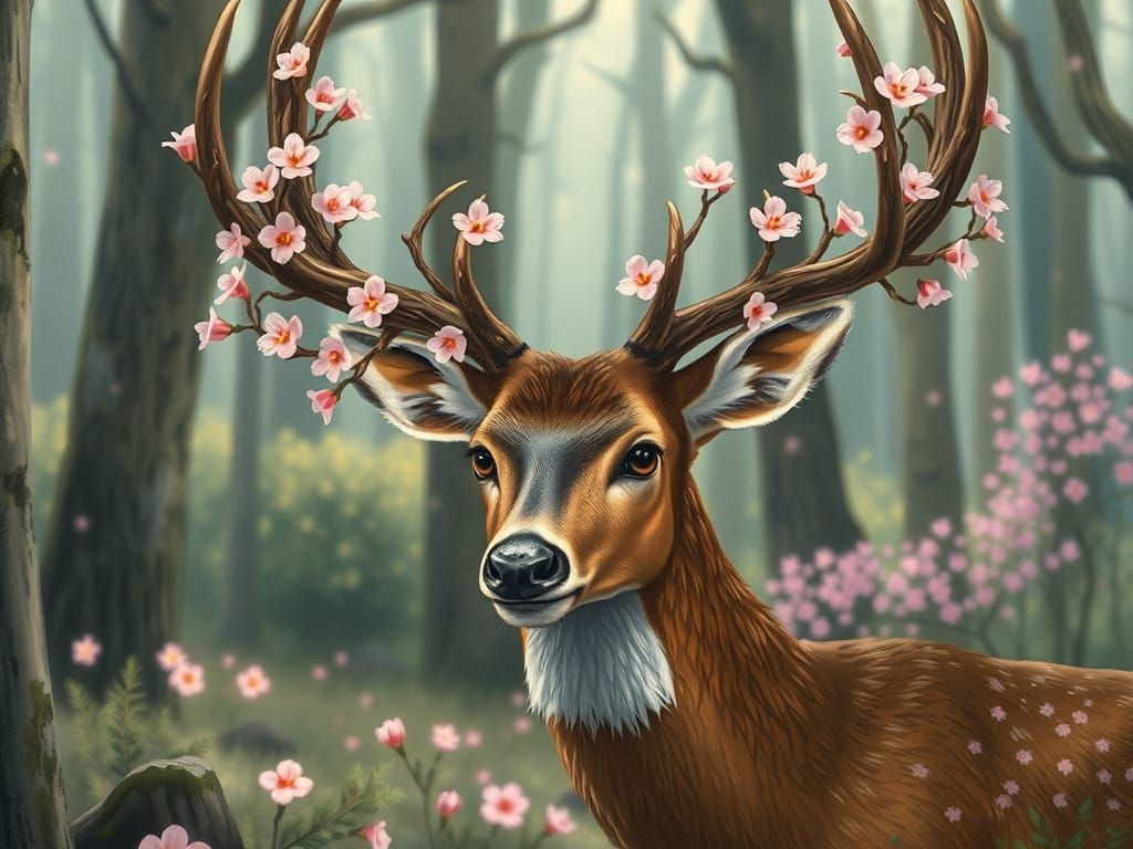 Forest Deer with Cherry Blossoms, Digital Art