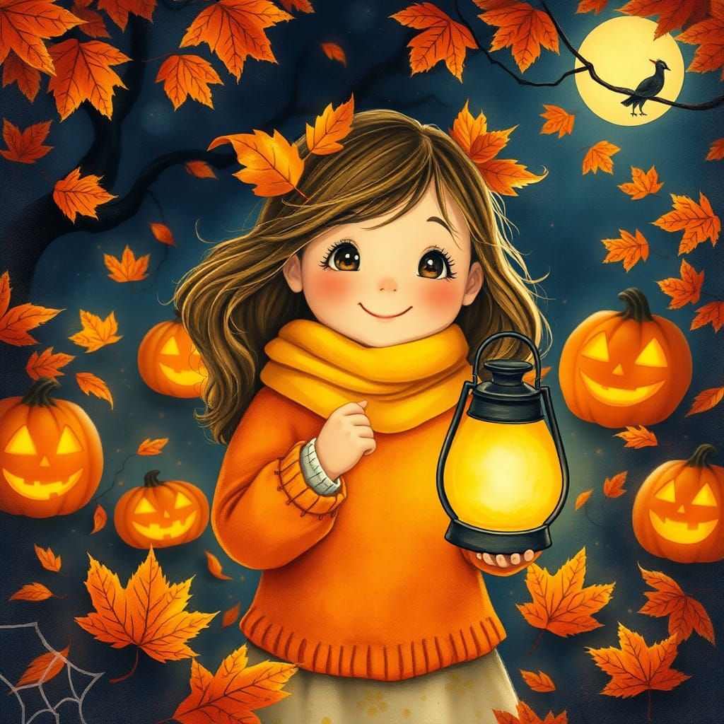 Girl with Lantern in Whimsical Halloween Illustration