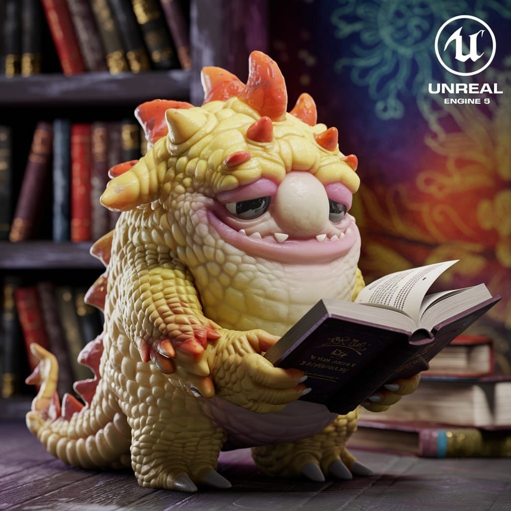 Friendly Yellow Scaly Monster Reading Book in 3D Cartoon Sty...
