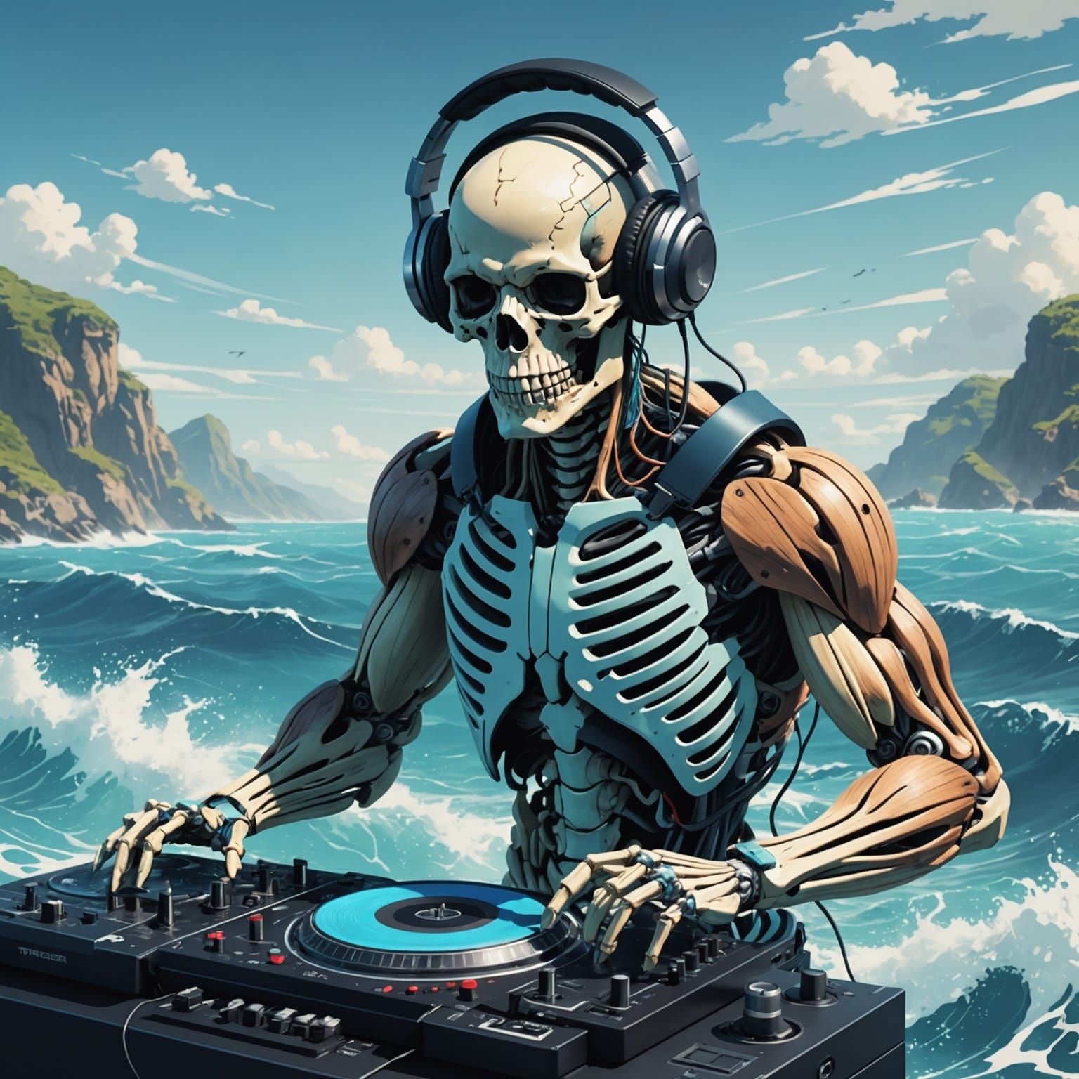Muscular Skeleton DJing in Ocean: Anime Style
