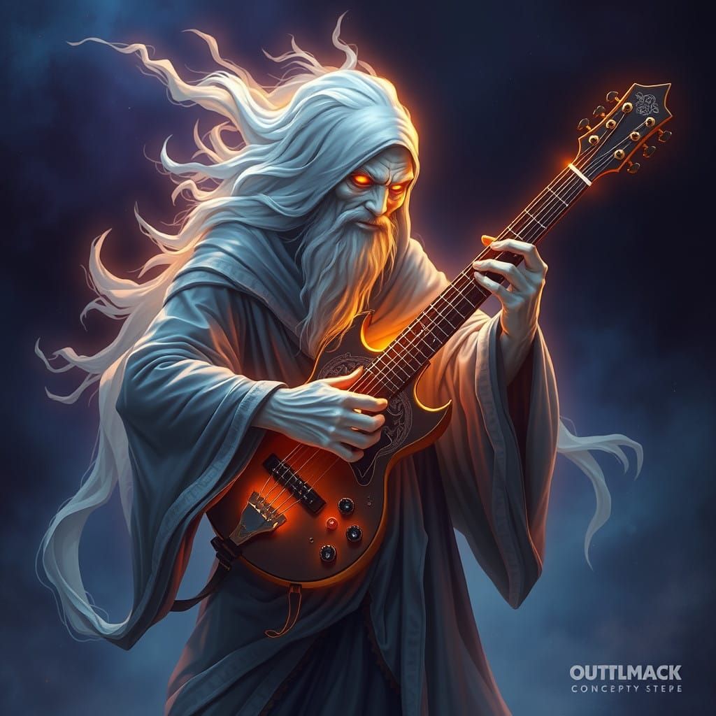 Spectral Monk Plays Spiritual Guitar in Mystical Landscape