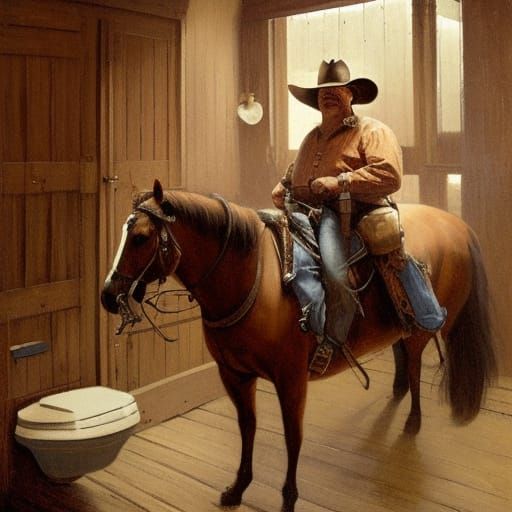 Humorous Cowboy on Horseback in Restroom, Detailed Art