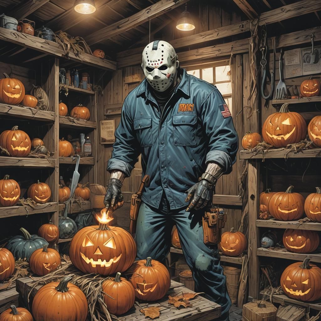 Jason Voorhees Carves Pumpkin in Comic Book Art Style