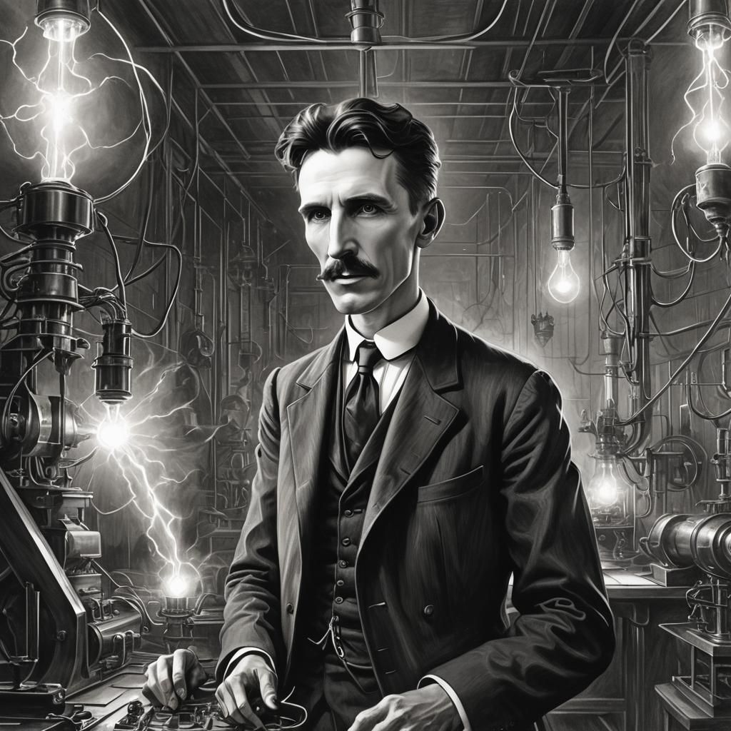 Nikola Tesla Portrait in Laboratory, Pencil Drawing