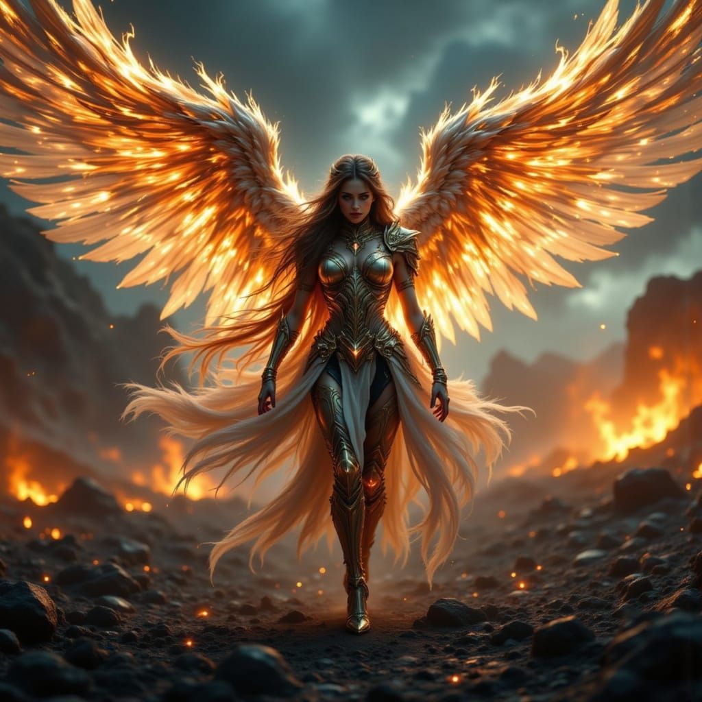 Armored Angel Descends onto Battlefield in Twilight Sky