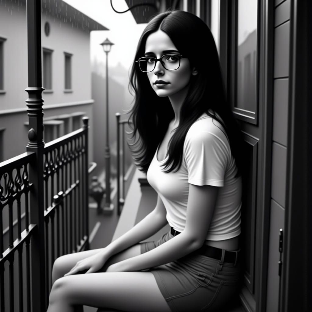 Hyperrealistic Portrait of Woman on Balcony in Rain