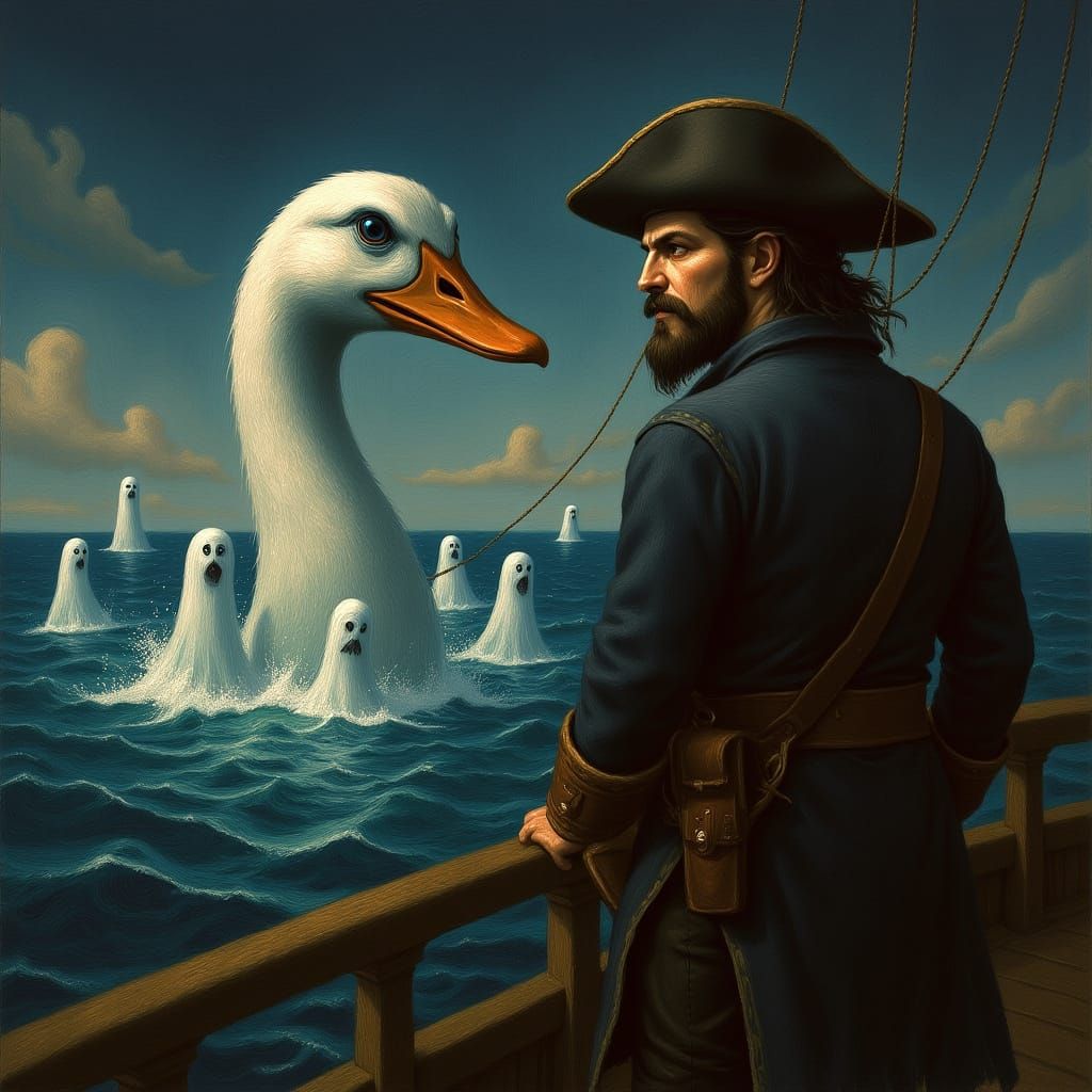 Ghost Pirate Captain Commands Attack in Gouache Style