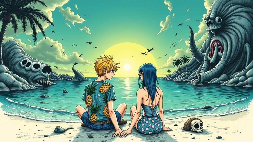 Alien Sunset Beach Scene in Junji Ito Style