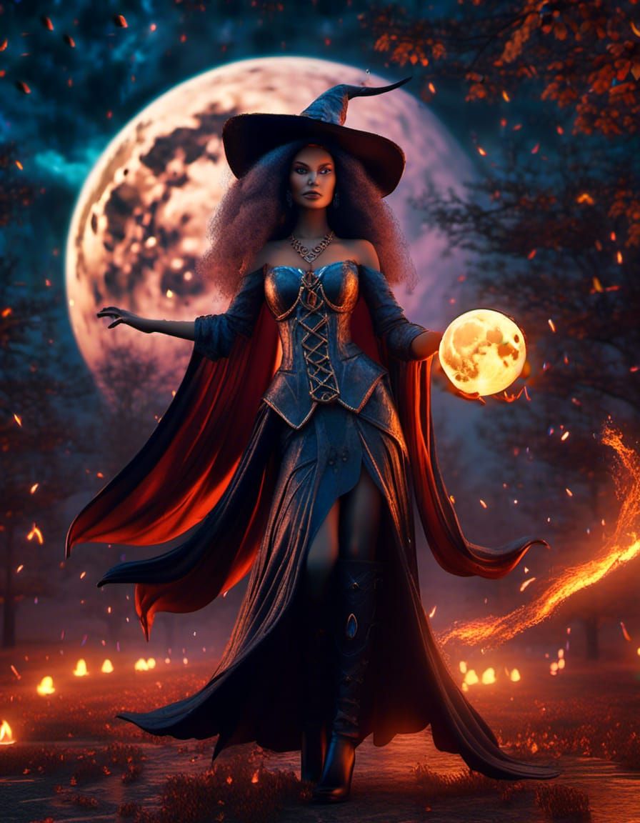 Majestic Witch Under Moonlight in Cinematic Style