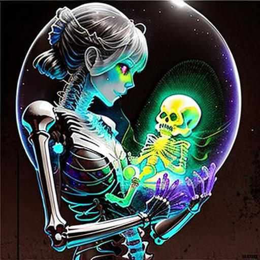 Luminescent Ghost with Skeleton Baby in Watercolor Art