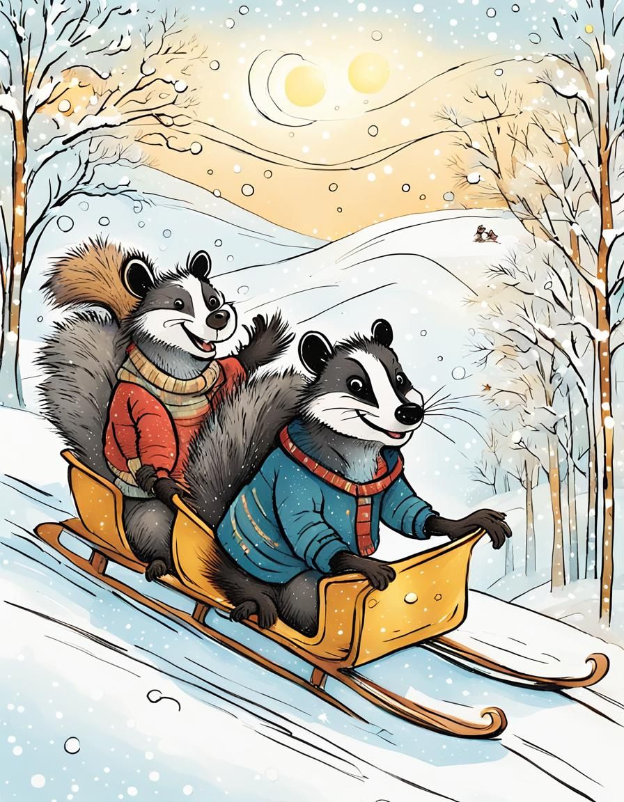 Joyful Winter Wonderland Scene in Whimsical Line Art