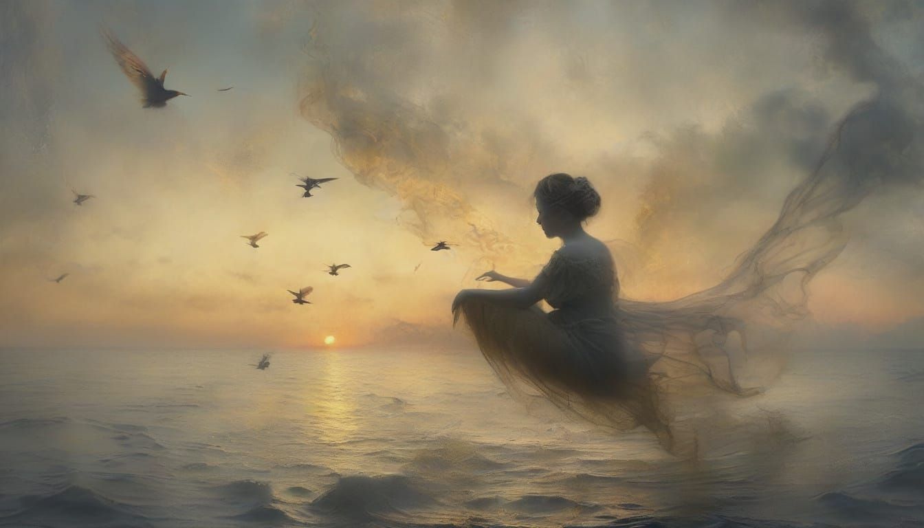 Dreamy Human Figure Flying in Pastel Sunset Sky