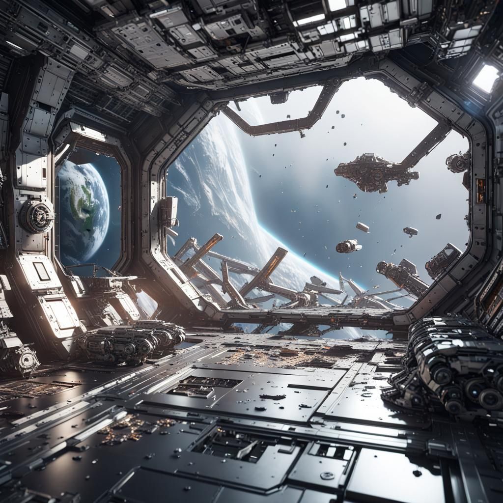 Shattered Earth View from Messy Space Station