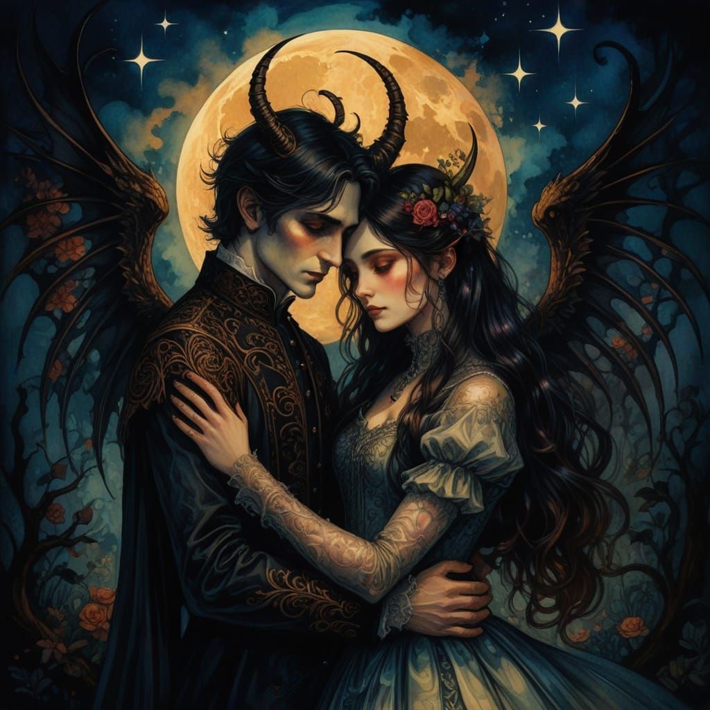Romantic Gothic Victorian Couple in Moonlit Garden Painting