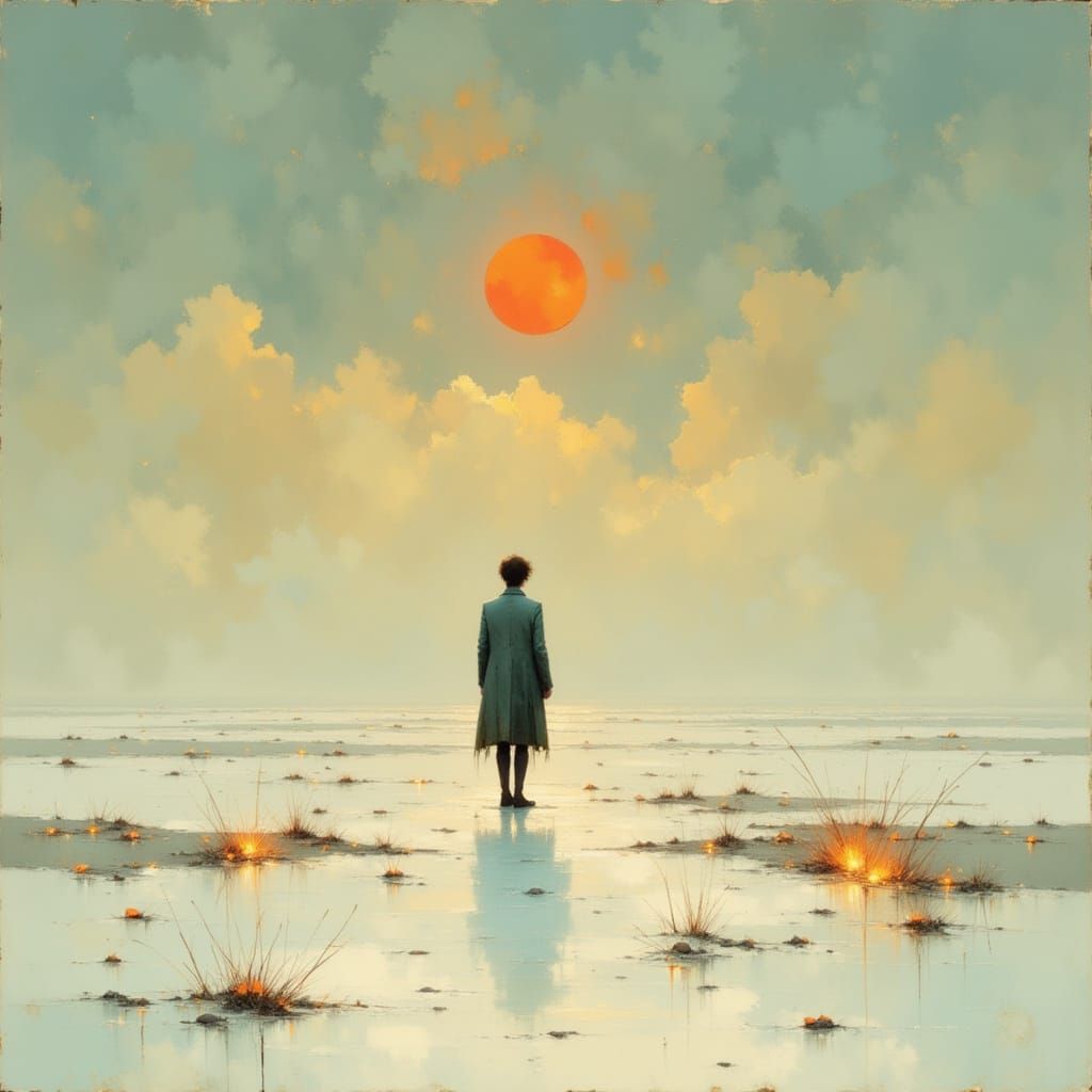 Lone Figure Gazes at Crimson Sun in Surreal Landscape