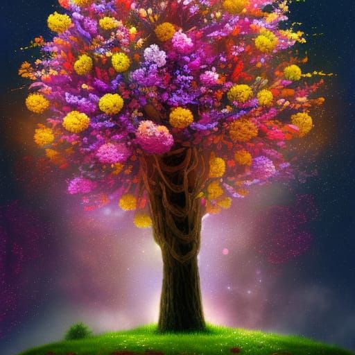 Cosmic Tree with Flowers, Fantasy Illustration