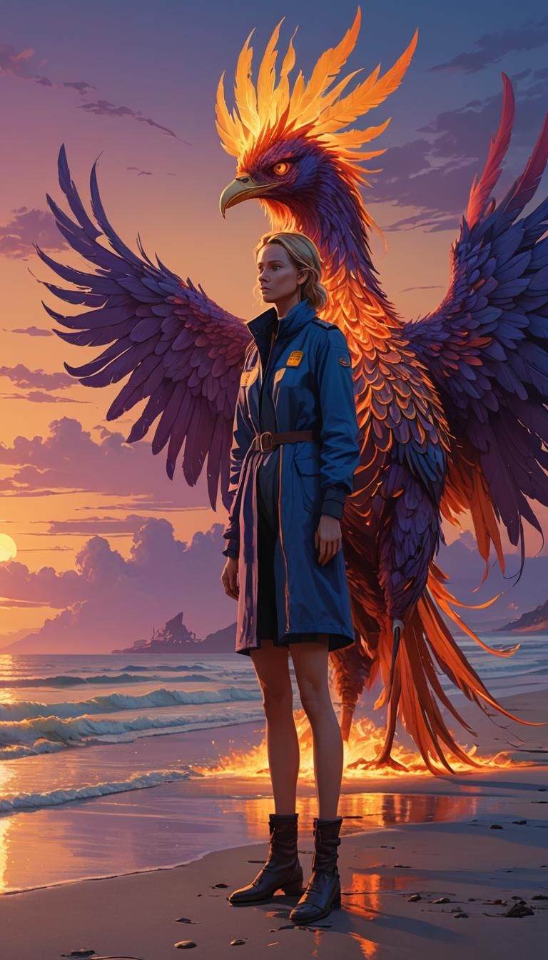 Woman and Phoenix: Fantasy Art in Sunset Colors