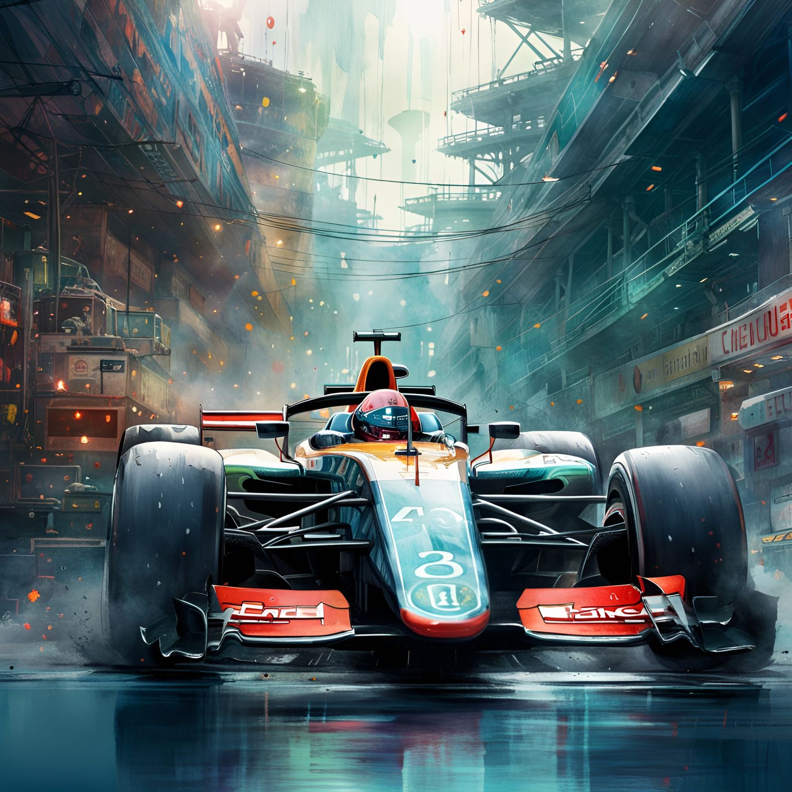 Eerie Futuristic Formula 1 Car in Watercolor