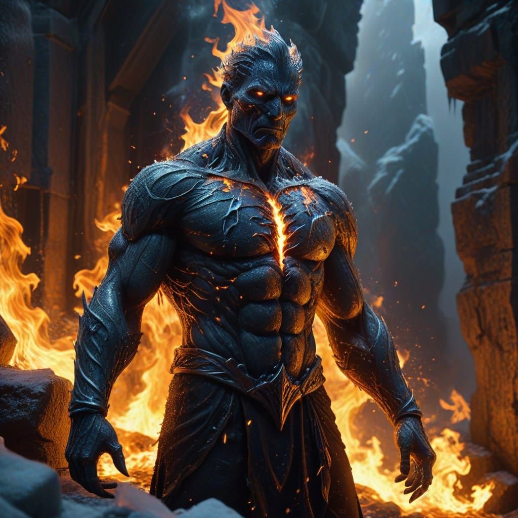 Frozen Figure Burns Amidst Inferno in Dark Fantasy Digital A...
