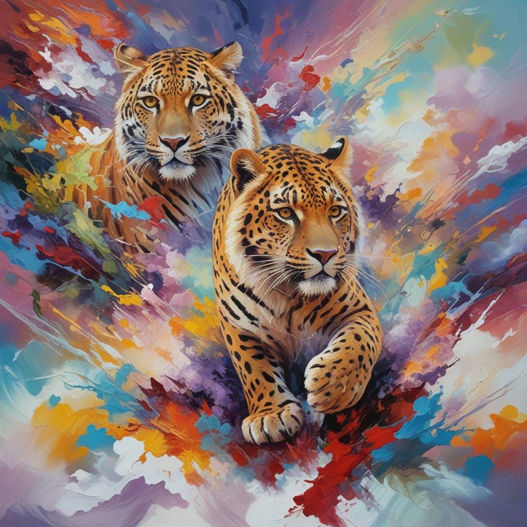 Vibrant Victorian Dreamscape with Leopard and Owl