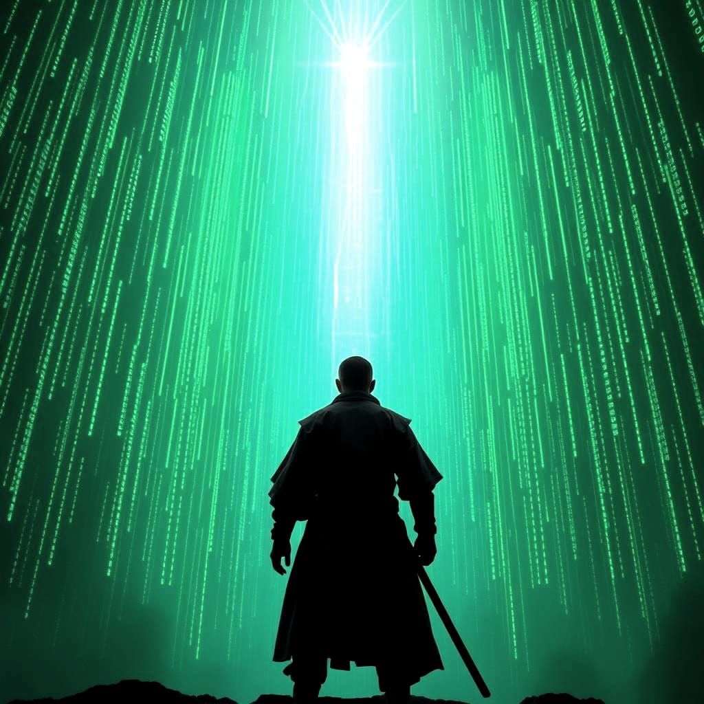 Samurai in Matrix-Like Cyberspace With Luminescent Colors