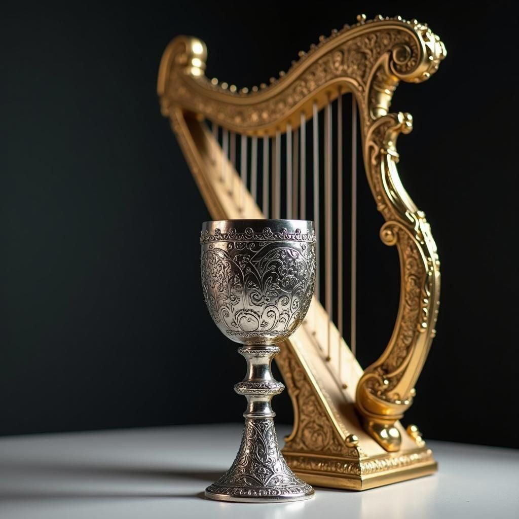 Medieval Silver Goblet with Harp: Ultra-Realistic Image