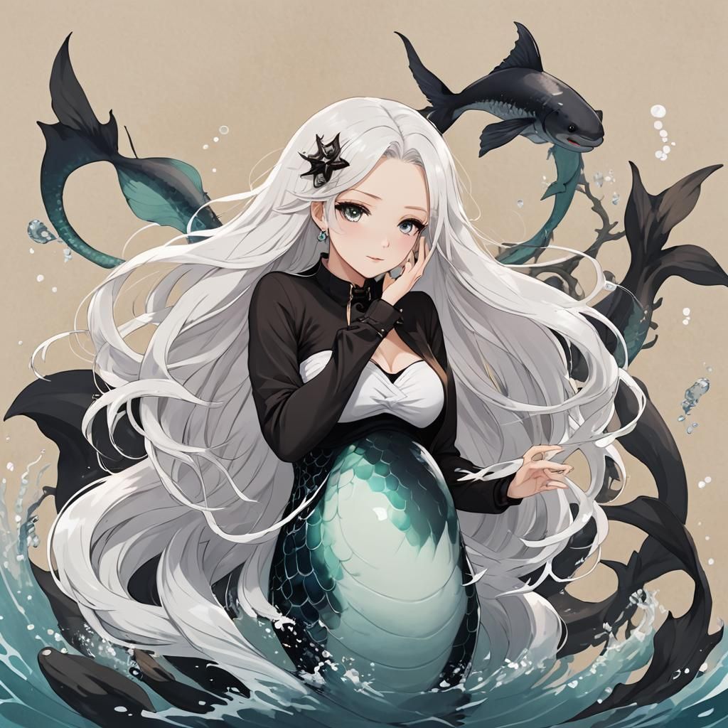 Anime Mermaid with White Hair and Manga Style