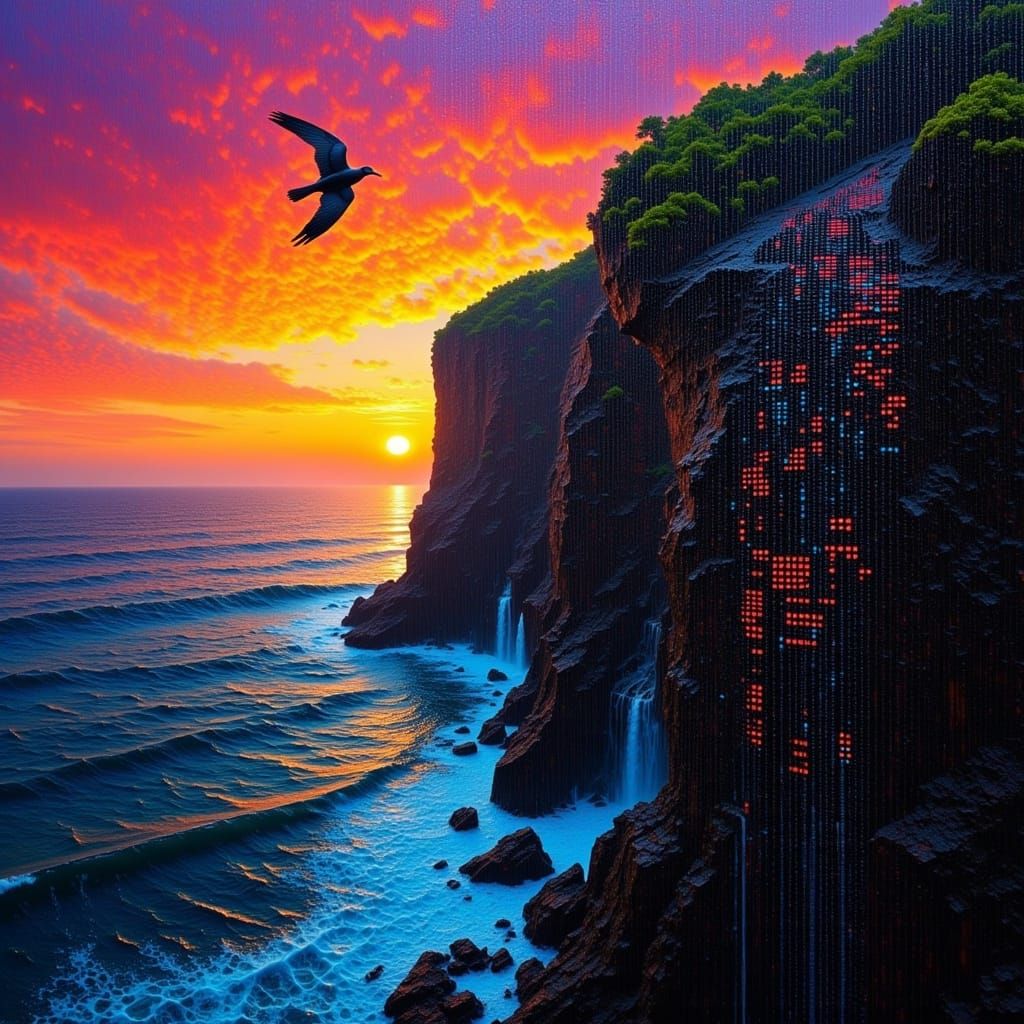 Neon Binary Cliffscape with Cormorant in Digital Impasto Sty...