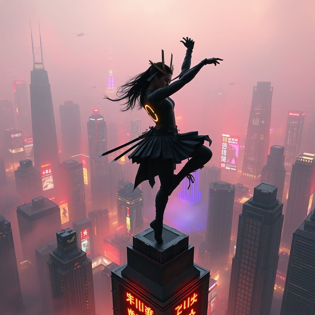 Cyberpunk Samurai Warrior Ballerina on Neon Skyscraper