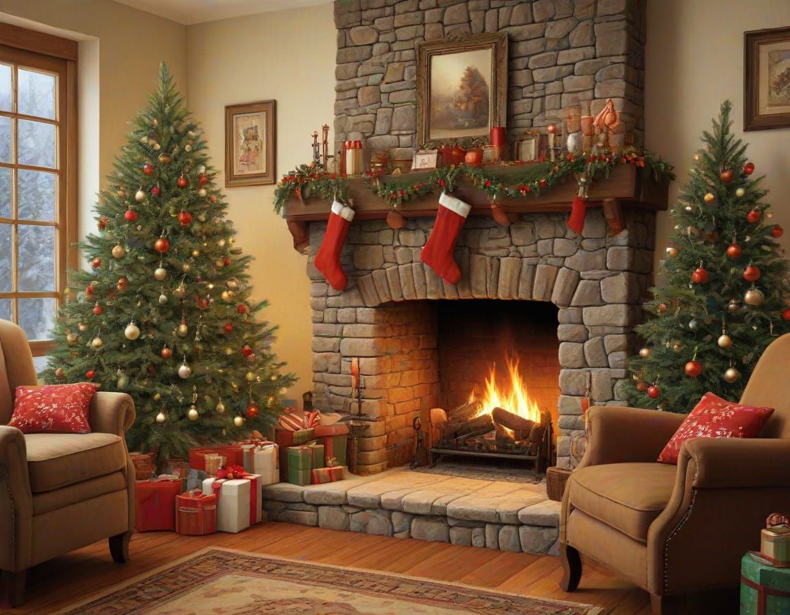 Cozy Christmas Living Room Digital Painting