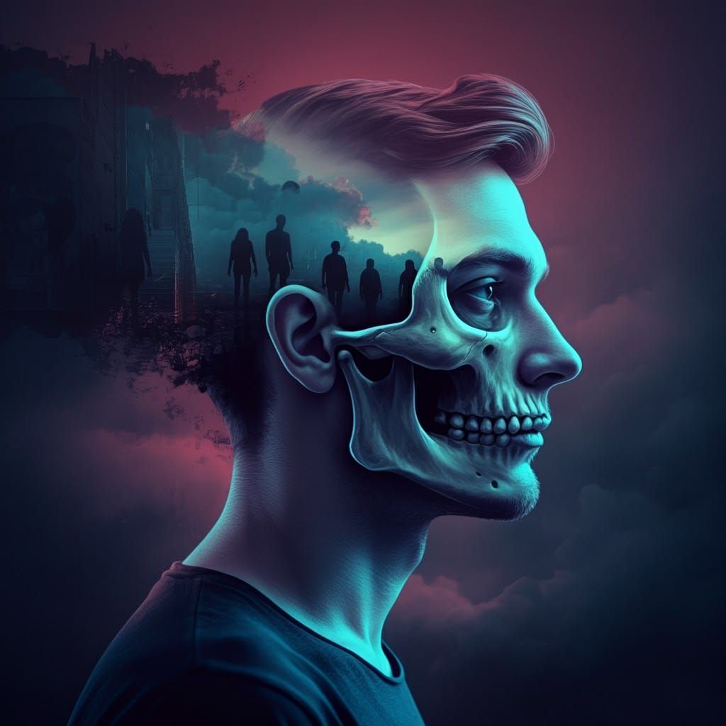 Double Exposure Skull in Cyberpunk Style