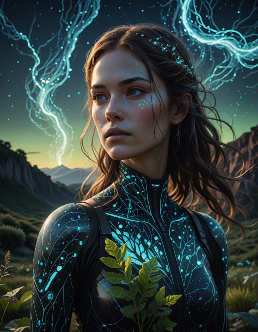 Girl in Harmony with Nature, Cyberpunk Landscape