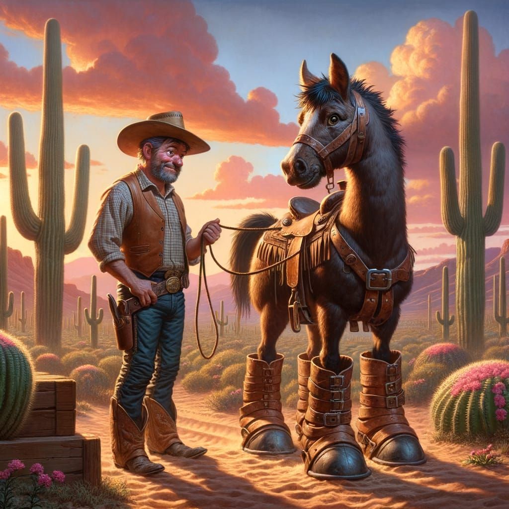 Whimsical Wild West Scene: Horse Rides Cowboy