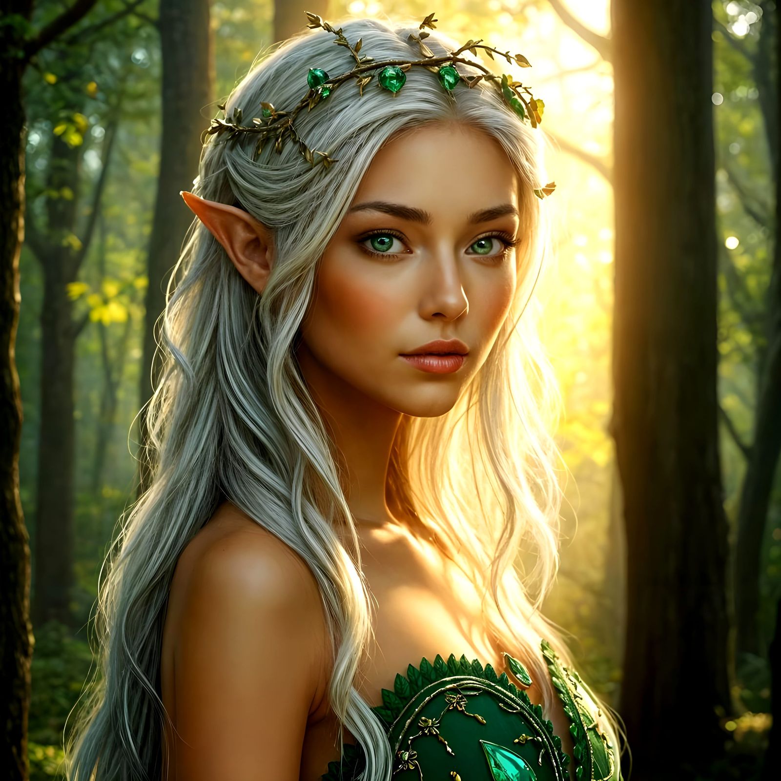 Ethereal Half-Elven Queen in Golden Forest Radiance