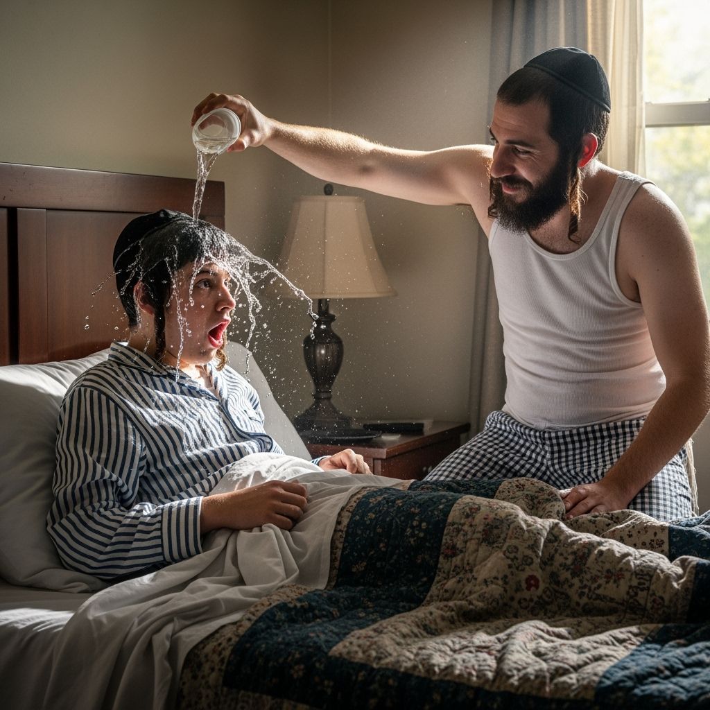 Playful Prank: Father Wakes Son with Water