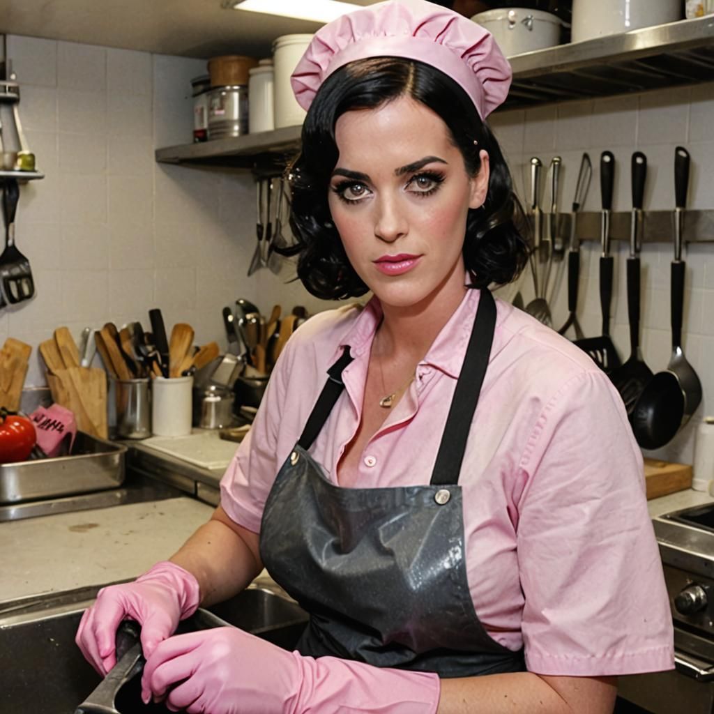 Katy Perry Scullery Image: Pink Gloves and Black Apron