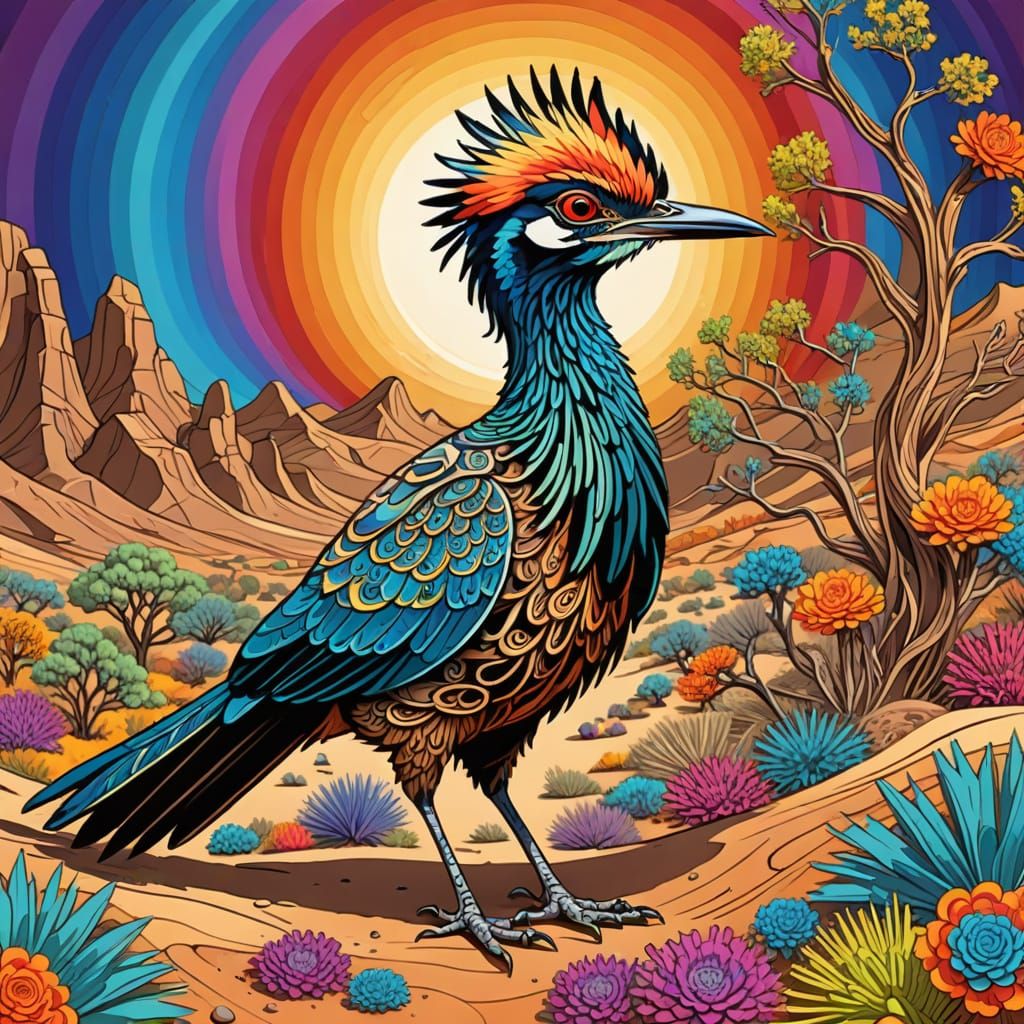 Vibrant Desert Roadrunner Portrait in Abstract Fractal Style