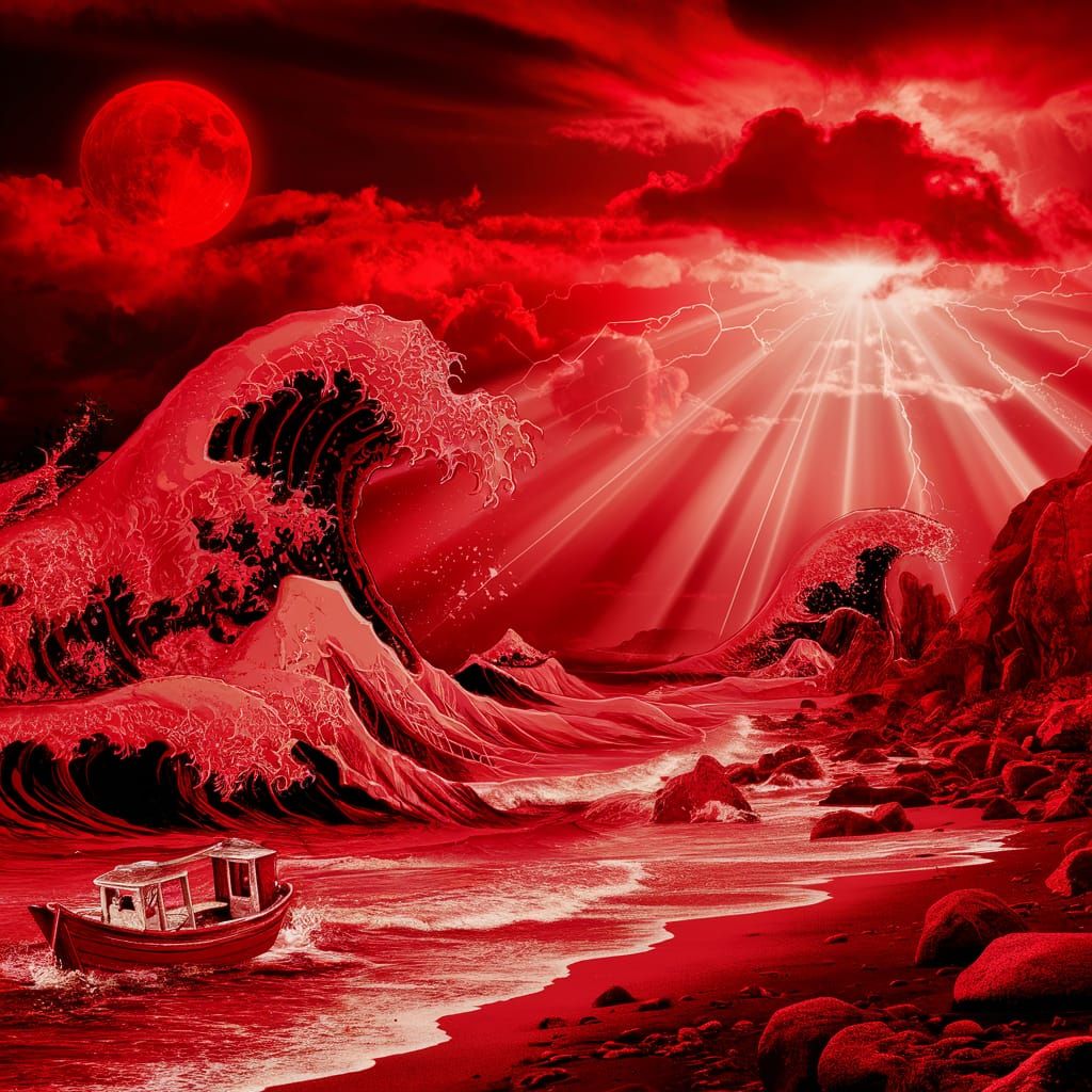Fiery Red World with Scarlet Moon and Red Sea