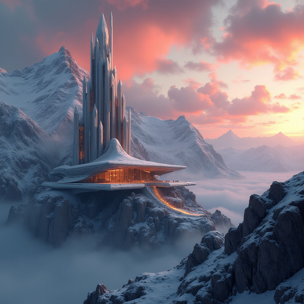 Sleek Modern Fortress in Snow-Capped Mountains