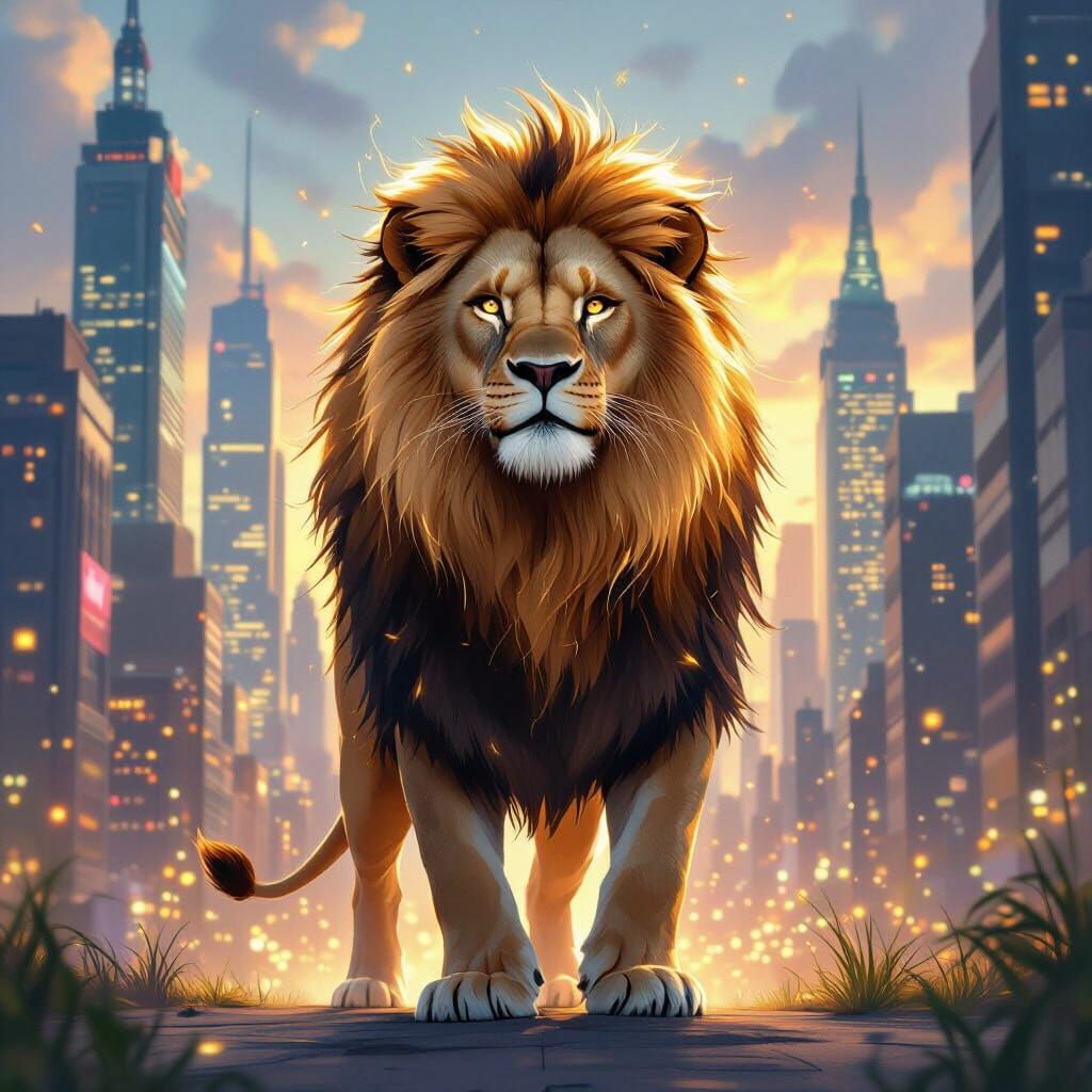 Lion in Cityscape: Hyperrealistic Artgerm-Inspired Digital A...