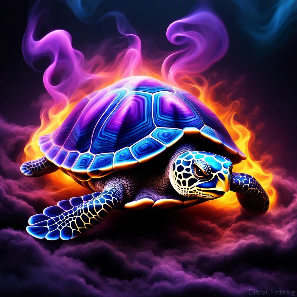 Adorable Turtle with Purple Smoke, Digital Airbrush Art