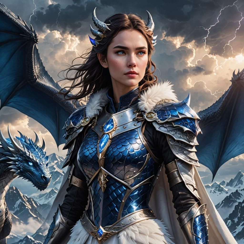 Sapphire-Eyed Dragon Woman in Snowy Mountains