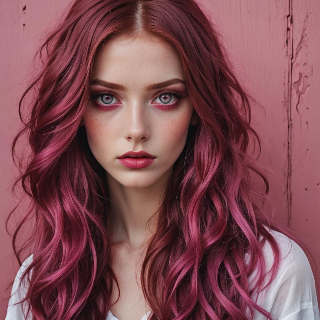 Unnaturally Beautiful Model with Maroon Hair and Pink Eyes