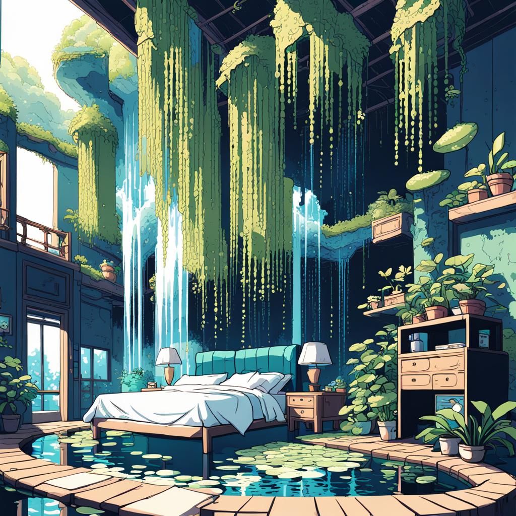 8-Bit Bedroom Inside a Grapefruit with Waterfall